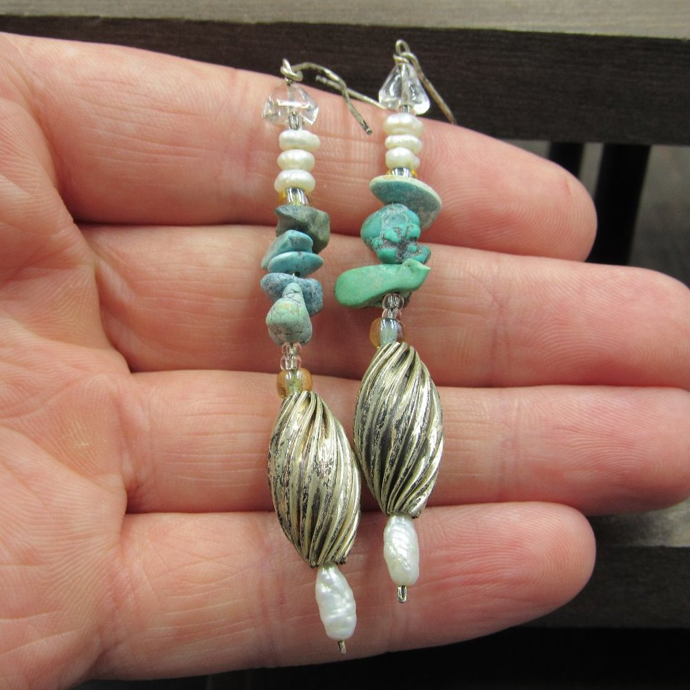 Sterling Silver Rustic Turquoise Chip Earrings - image 1